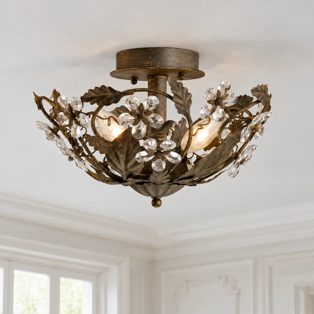 Elodie floral crystal semi-flush ceiling light in a bright vintage interior