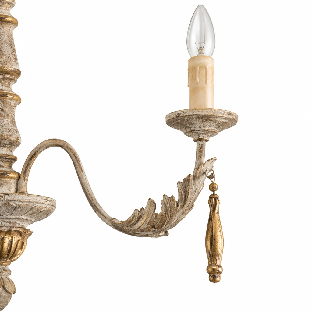 Close view of the sculpted leaf arm and candle cup