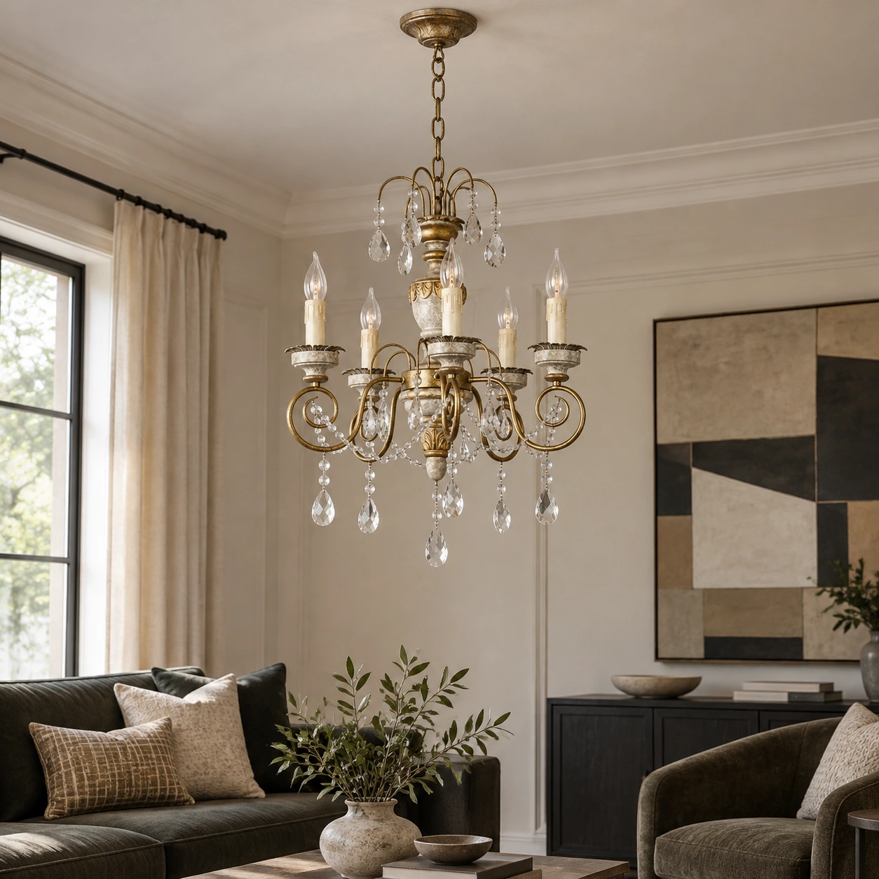 Edward five-light iron and crystal chandelier scene 02 living
