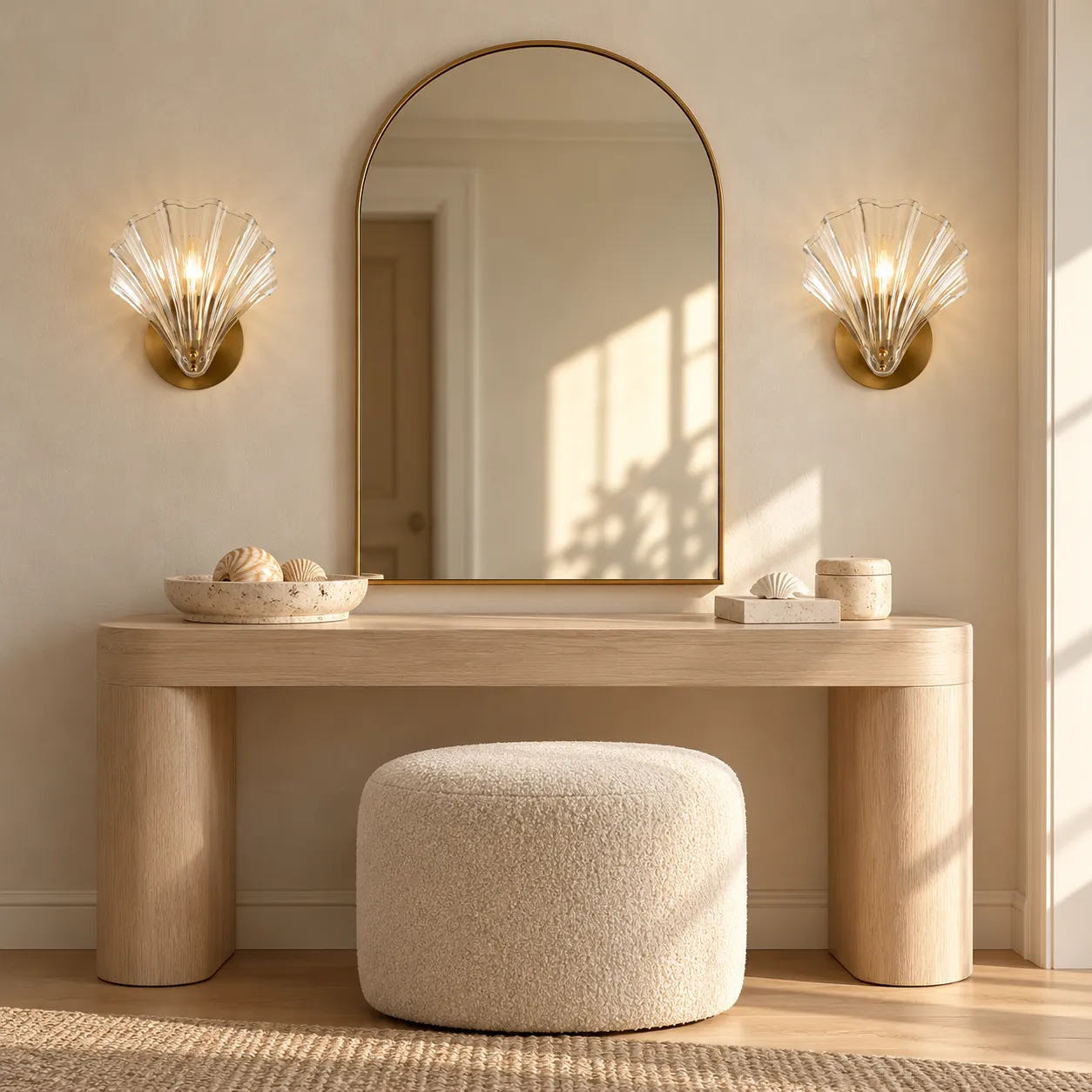 Two transparent Vale shell wall lights beside a rounded mirror