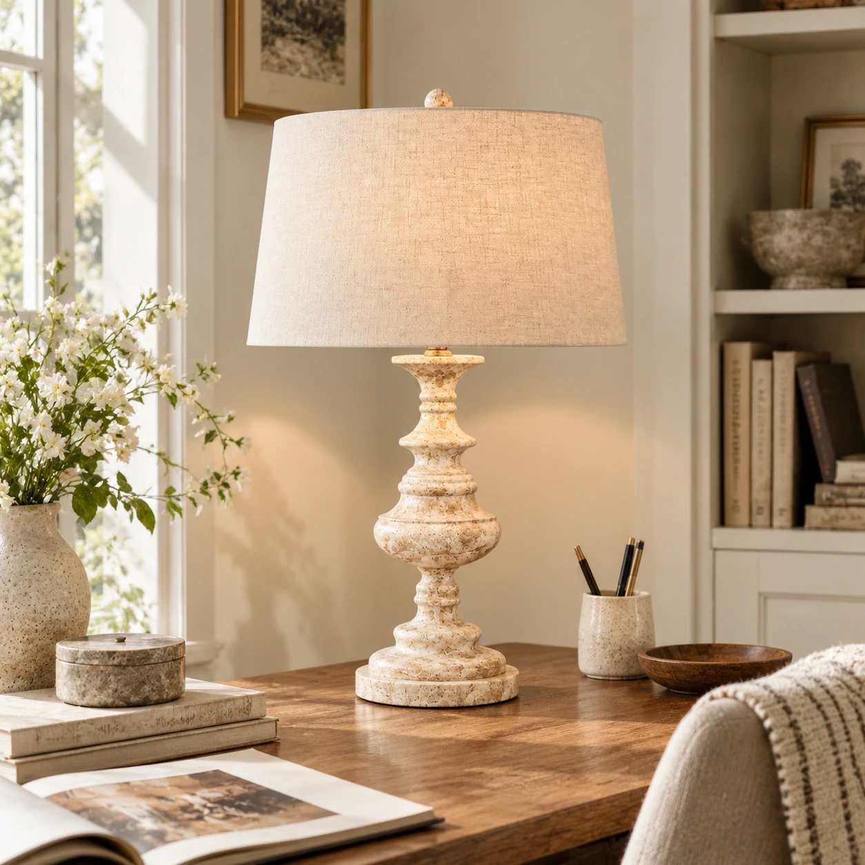 Theo Vintage Bedside Walnut Wood and Metal Table Lamp in a bright study nook