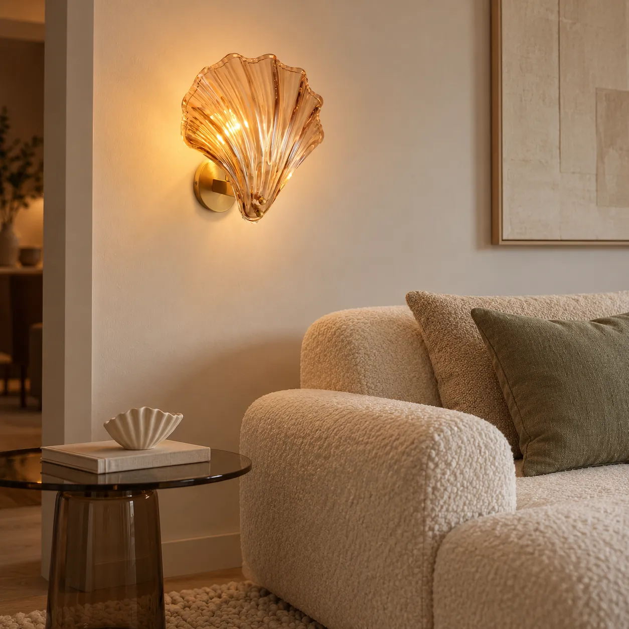 Vale shell wall light beside a cream living room chair