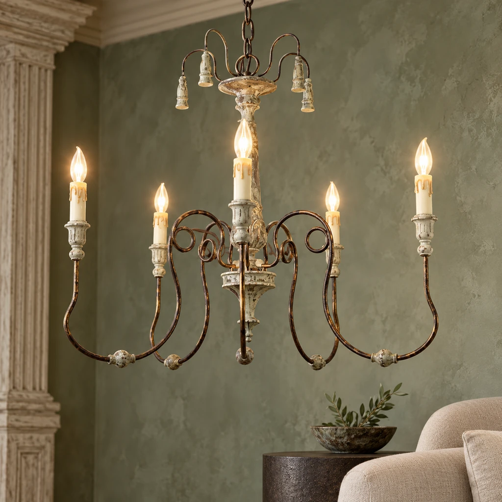 Lucien chandelier against muted mineral-green plaster