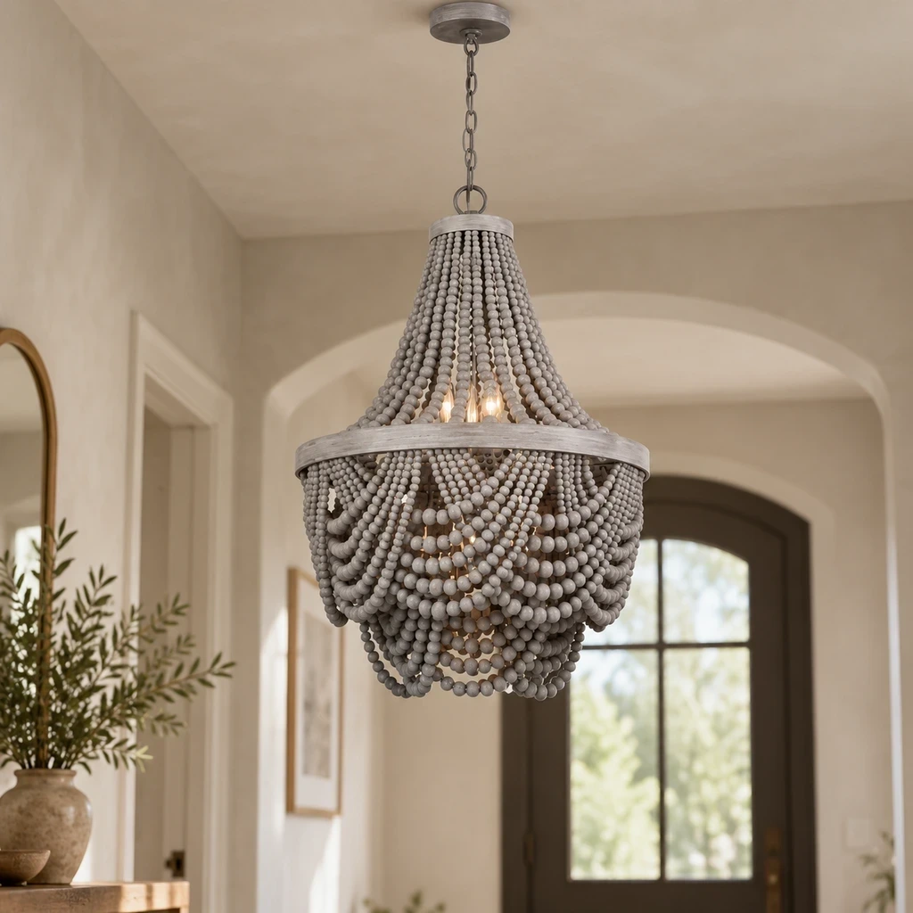 Nordic Gray Wood Beaded Chandelier illuminated in a warm plaster entry