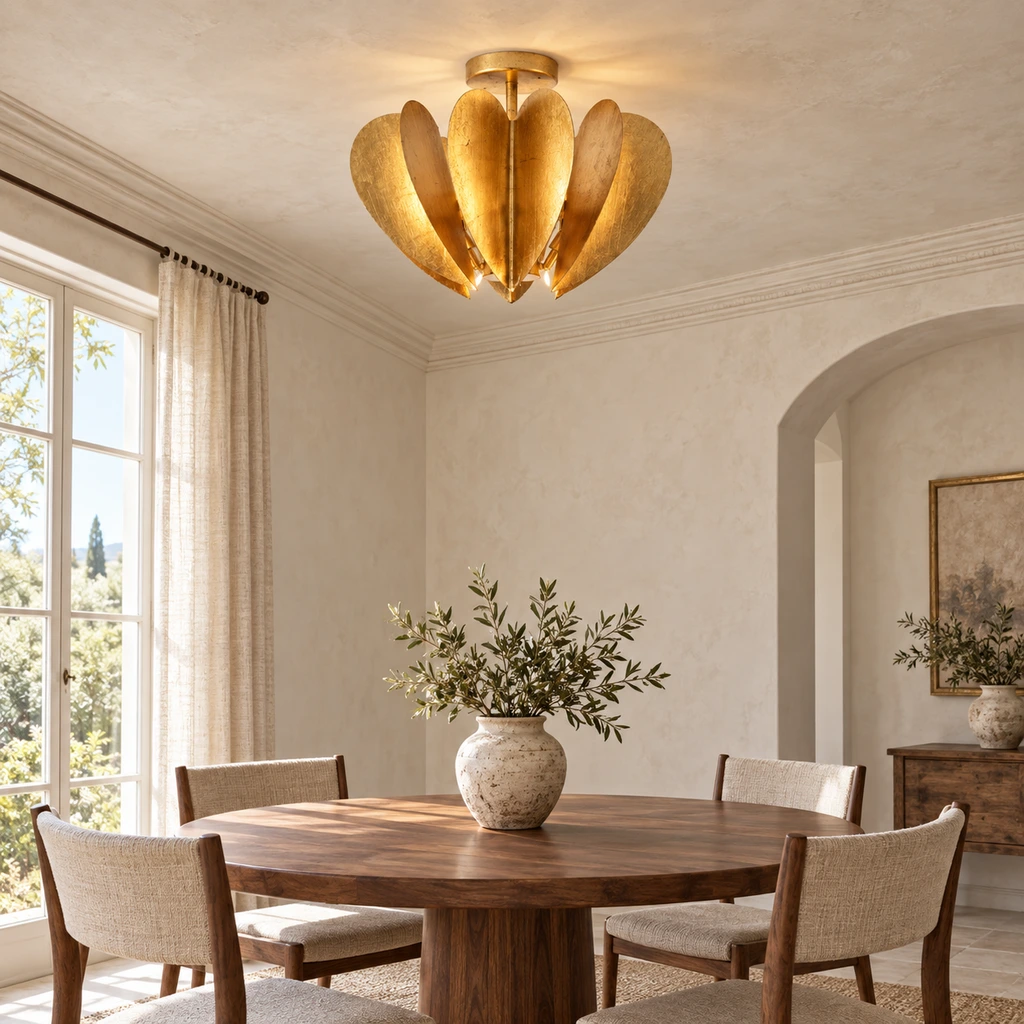Vintage gold leaf flush-mount ceiling light installed above a dining table
