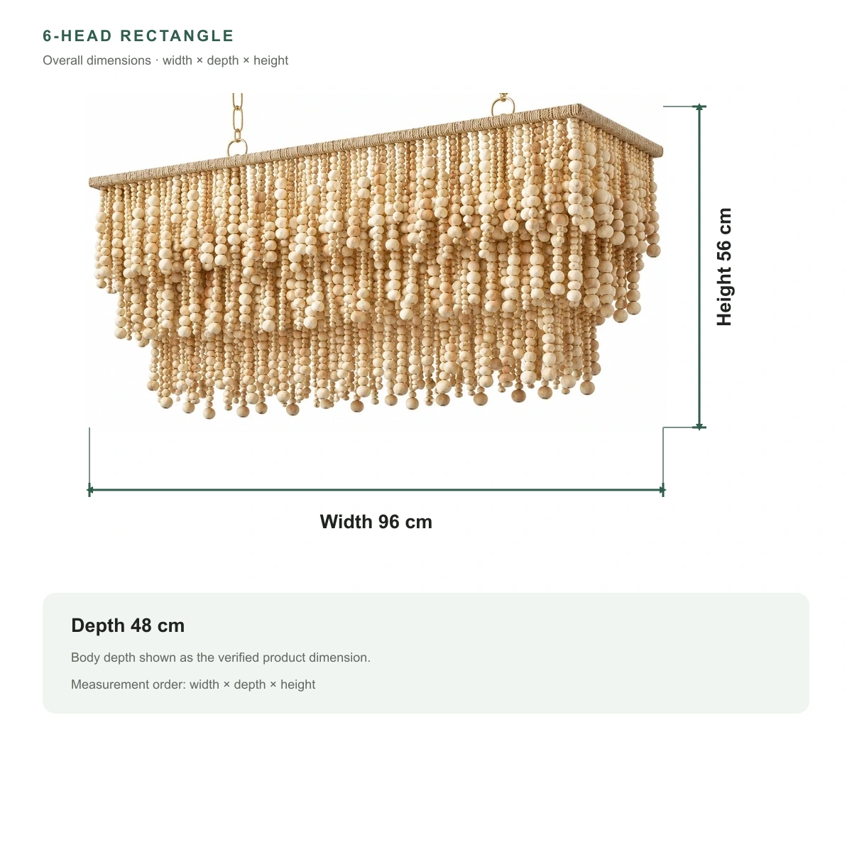 6-head rectangle natural wood bead chandelier dimensions: 96 cm width, 48 cm depth, 56 cm height