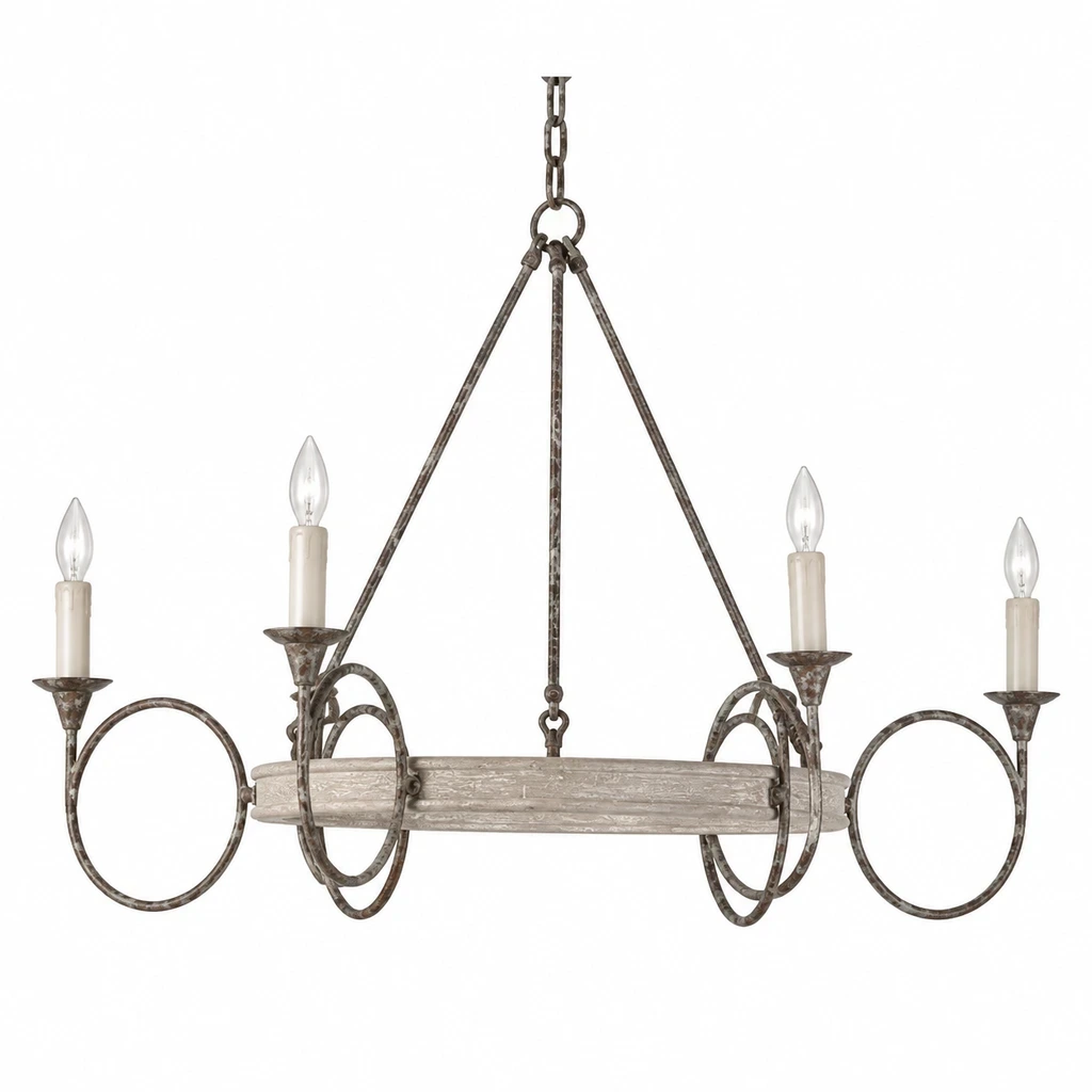 Front view of the American Rustic Distressed Iron Ring Chandelier on white background