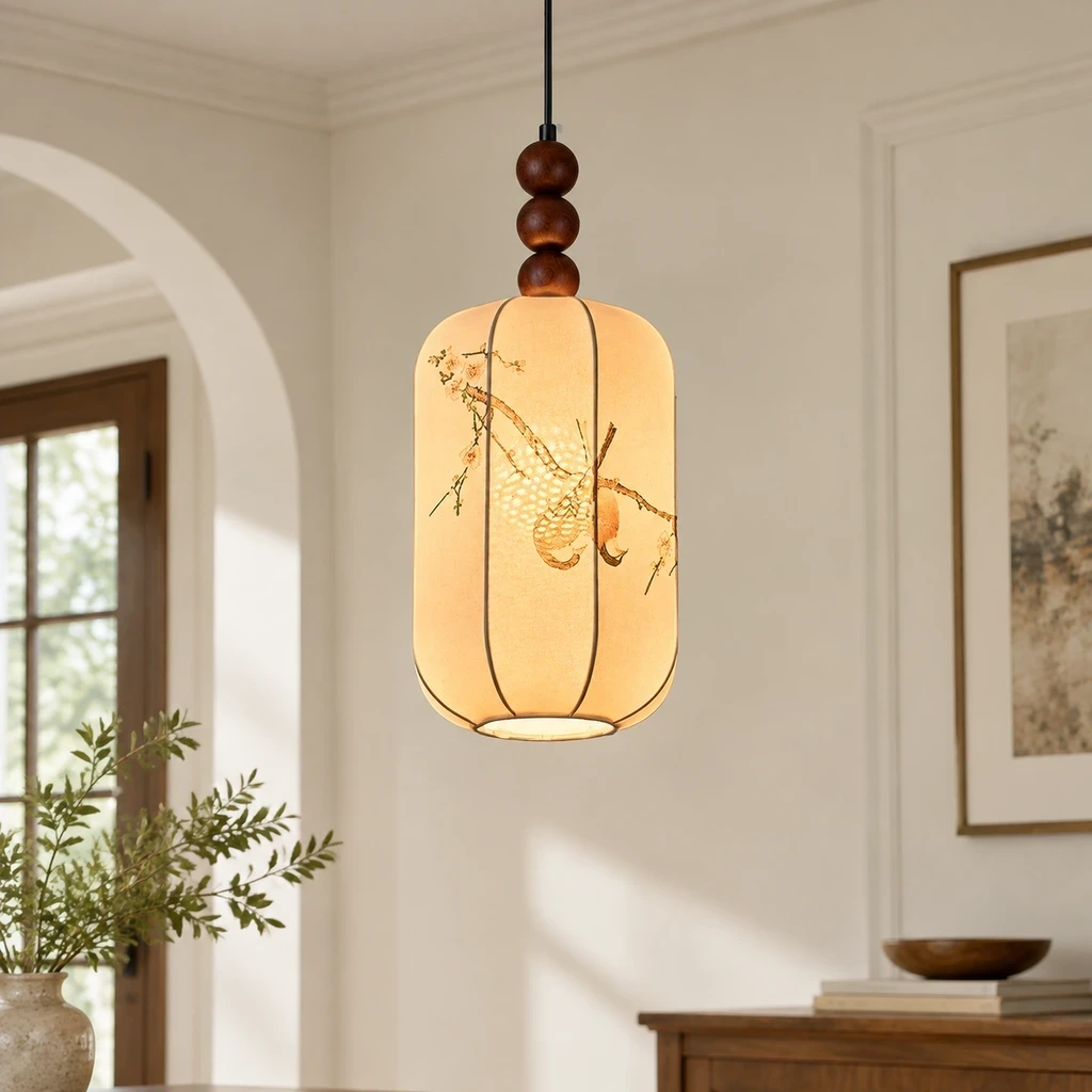 Avery Vintage Single-Light Iron Fabric Pendant Light installed in a bright interior
