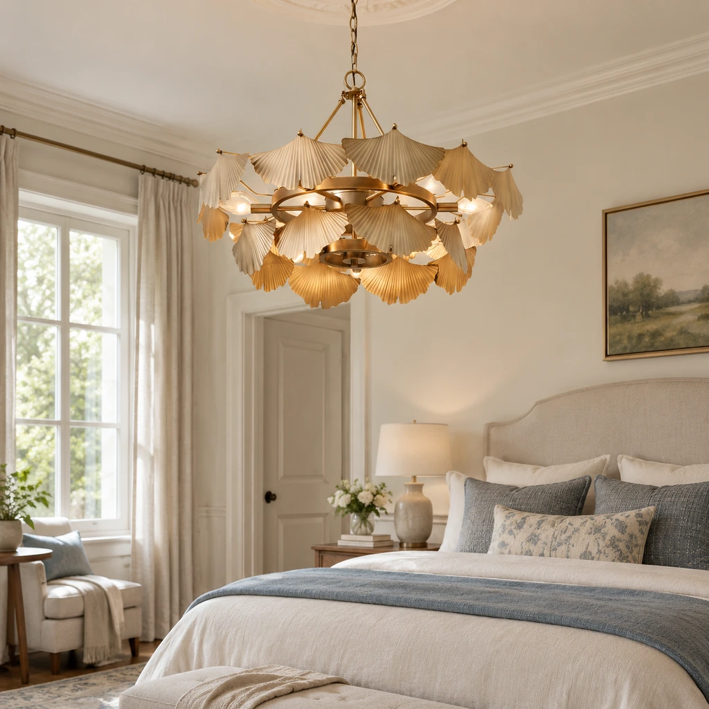 Lina ginkgo-leaf chandelier installed above a bedroom sitting area