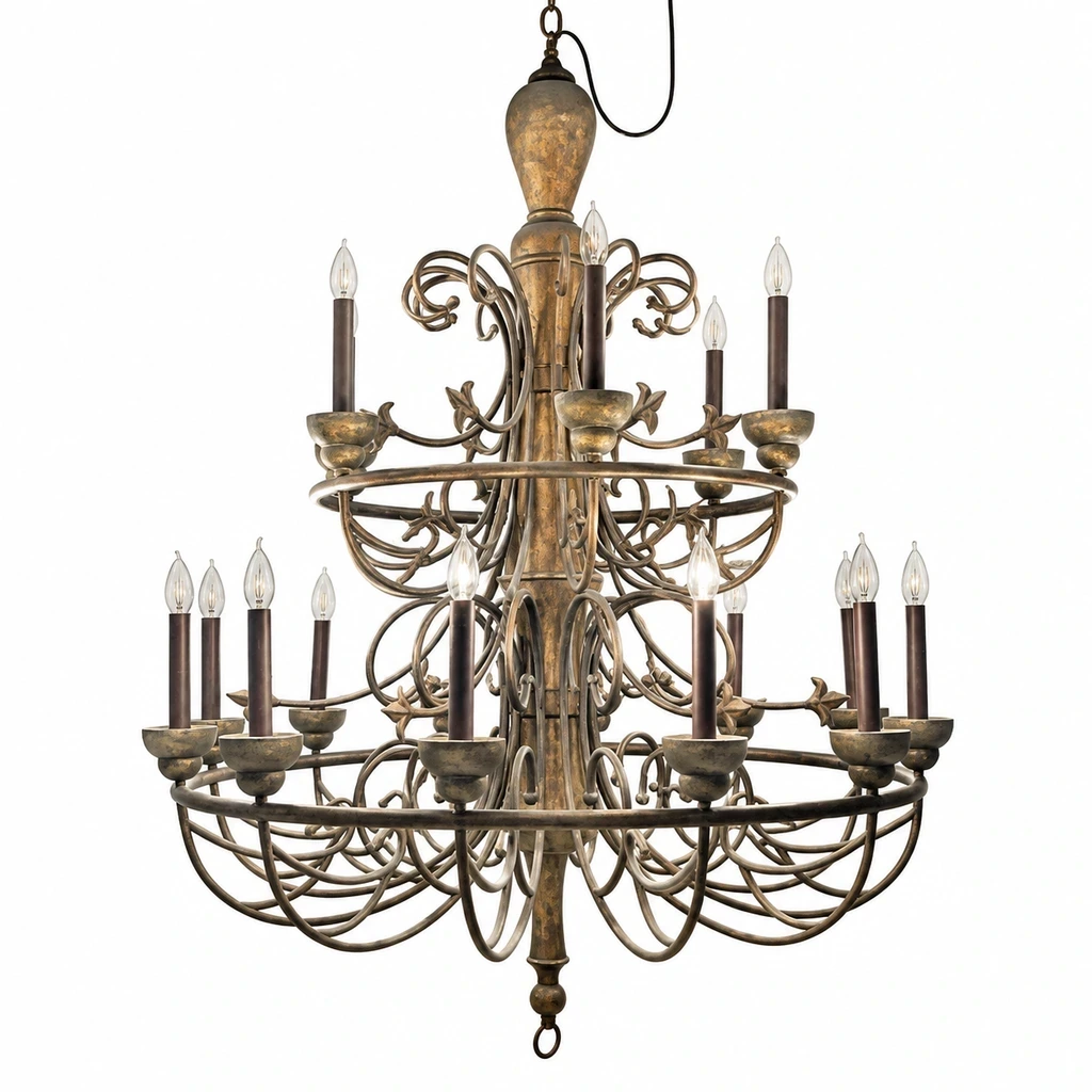 Front view of the Rustic Multi-Tier Carved Wood Chandelier on white background