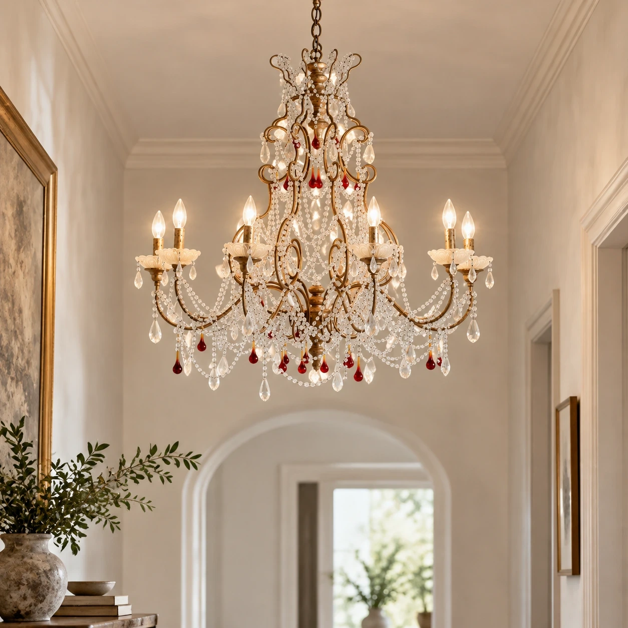 Julian American Rustic Faceted Crystal and Metal Pendant Light in a refined boutique hallway