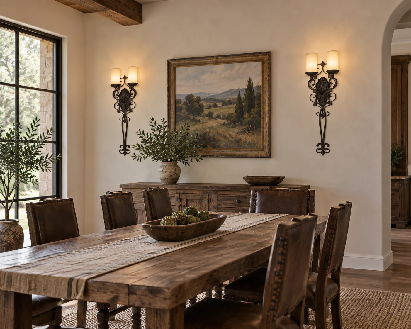 American Rustic Iron Wall Light in an American rustic dining area with a long wood table