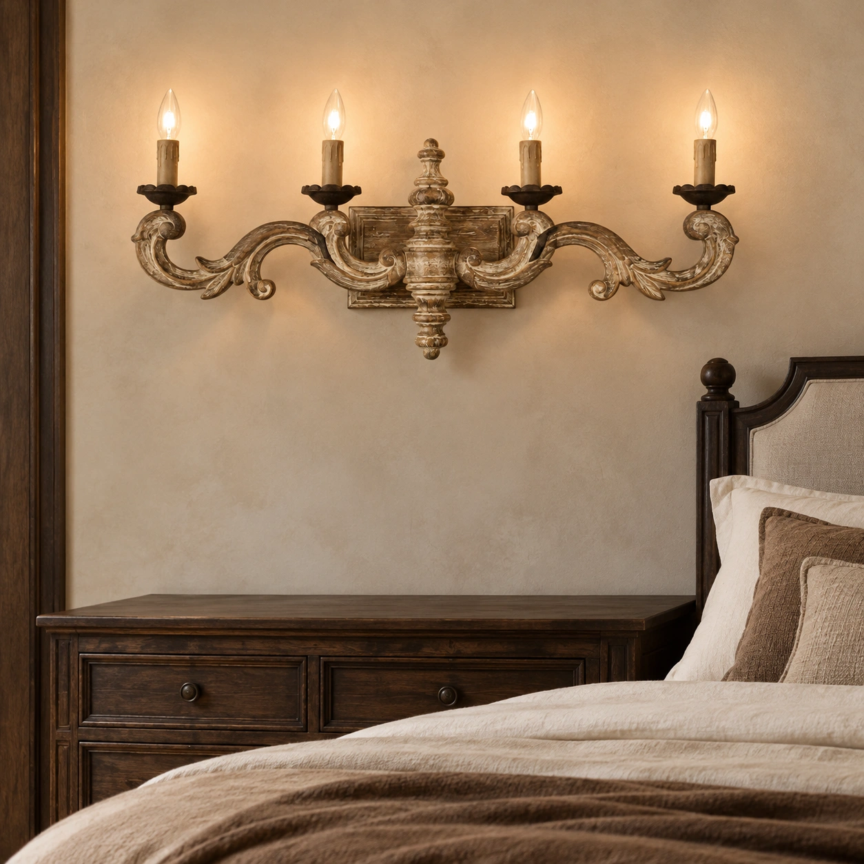 Avery carved solid wood wall sconce scene 02 bedroom