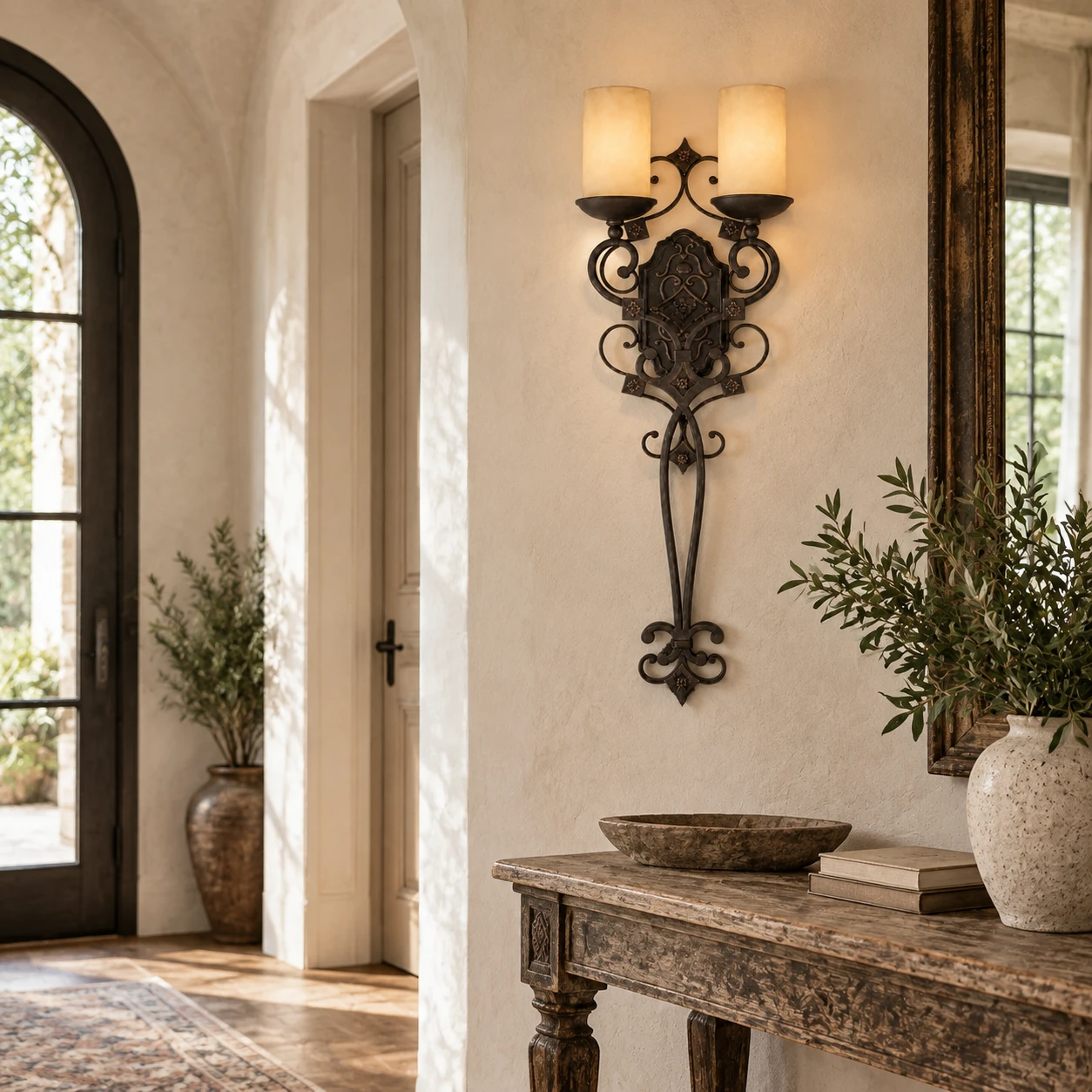 American Rustic Iron Wall Light in a narrow entry foyer with a plaster wall and antique console
