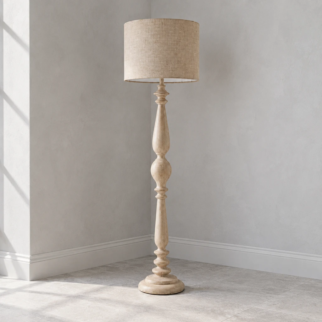 Hadley turned wood floor lamp in a calm American Rustic interior