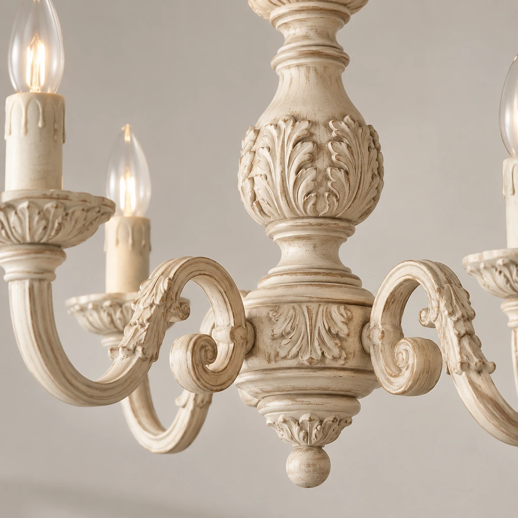Close detail of carved ivory scrollwork and curved arm junctions