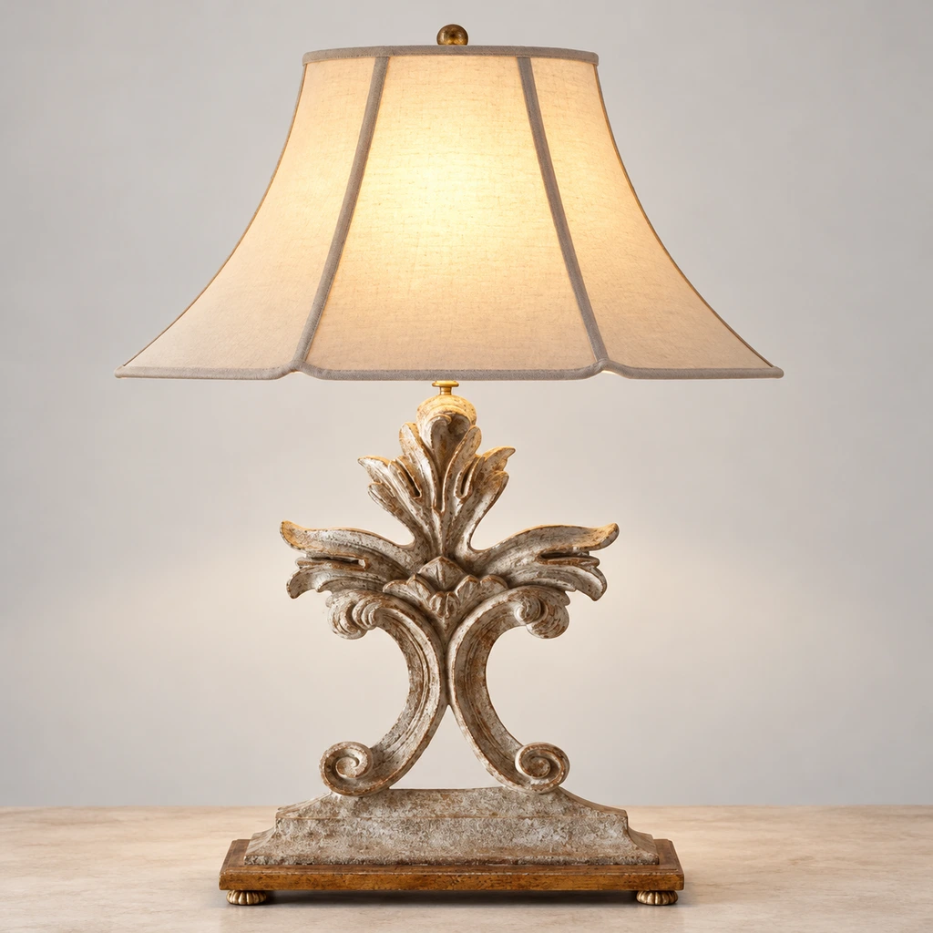Linden carved wood table lamp illuminated in a neutral studio