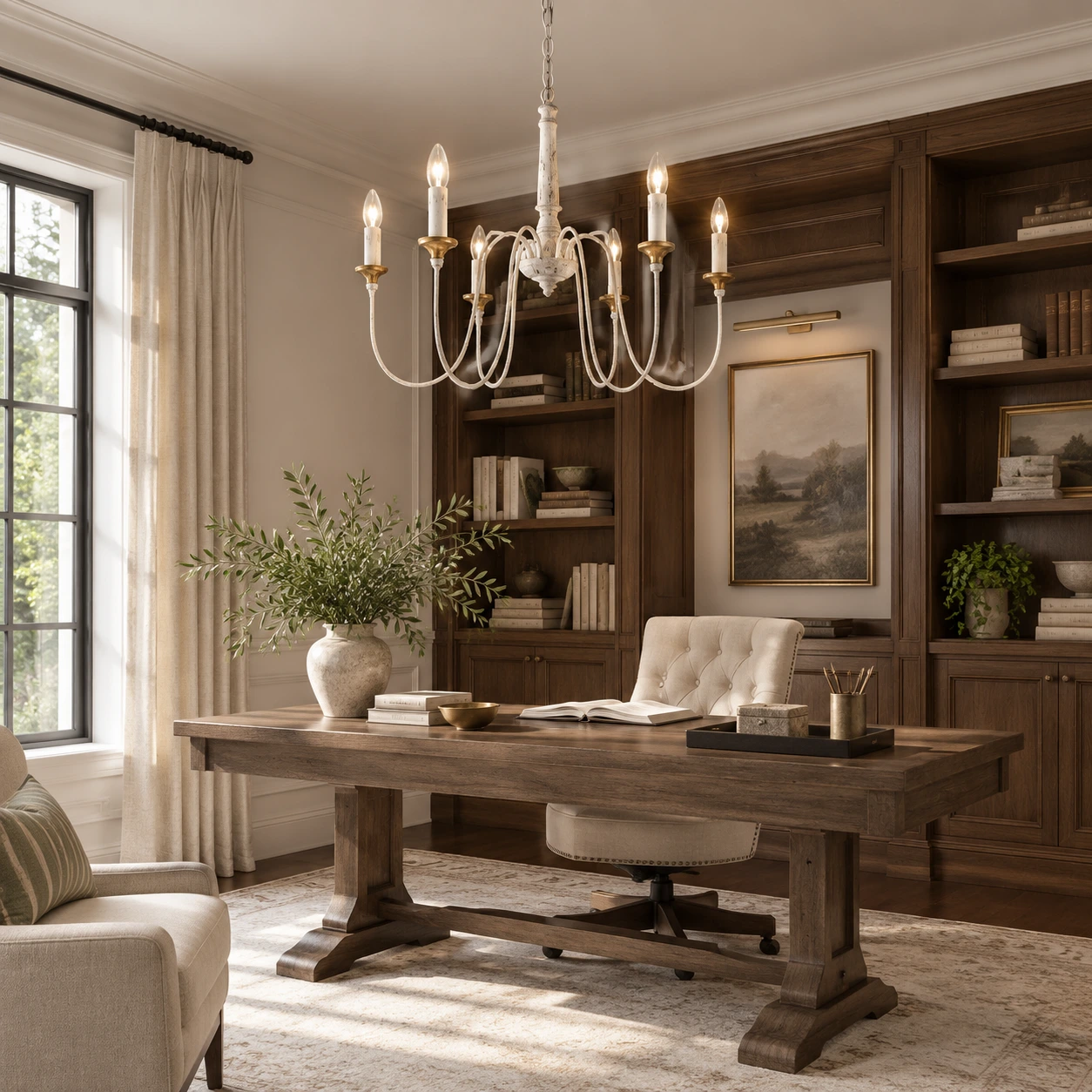 French Country chandelier in a warm living and dining interior