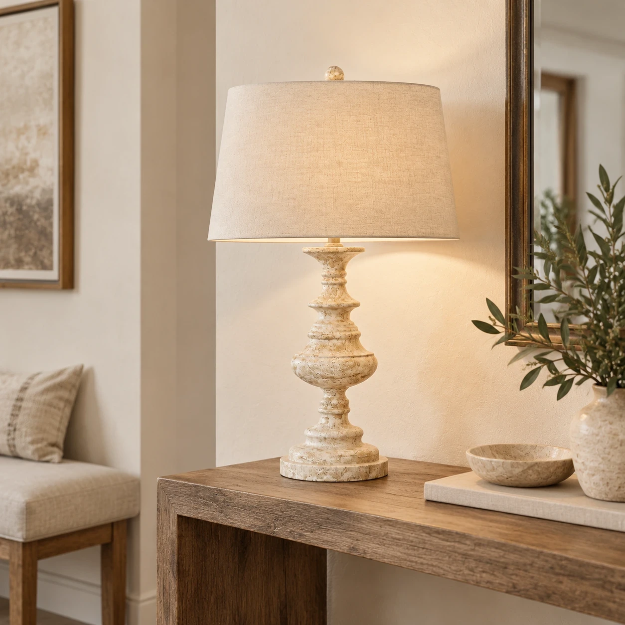 Theo Vintage Bedside Walnut Wood and Metal Table Lamp above a quiet entry corner