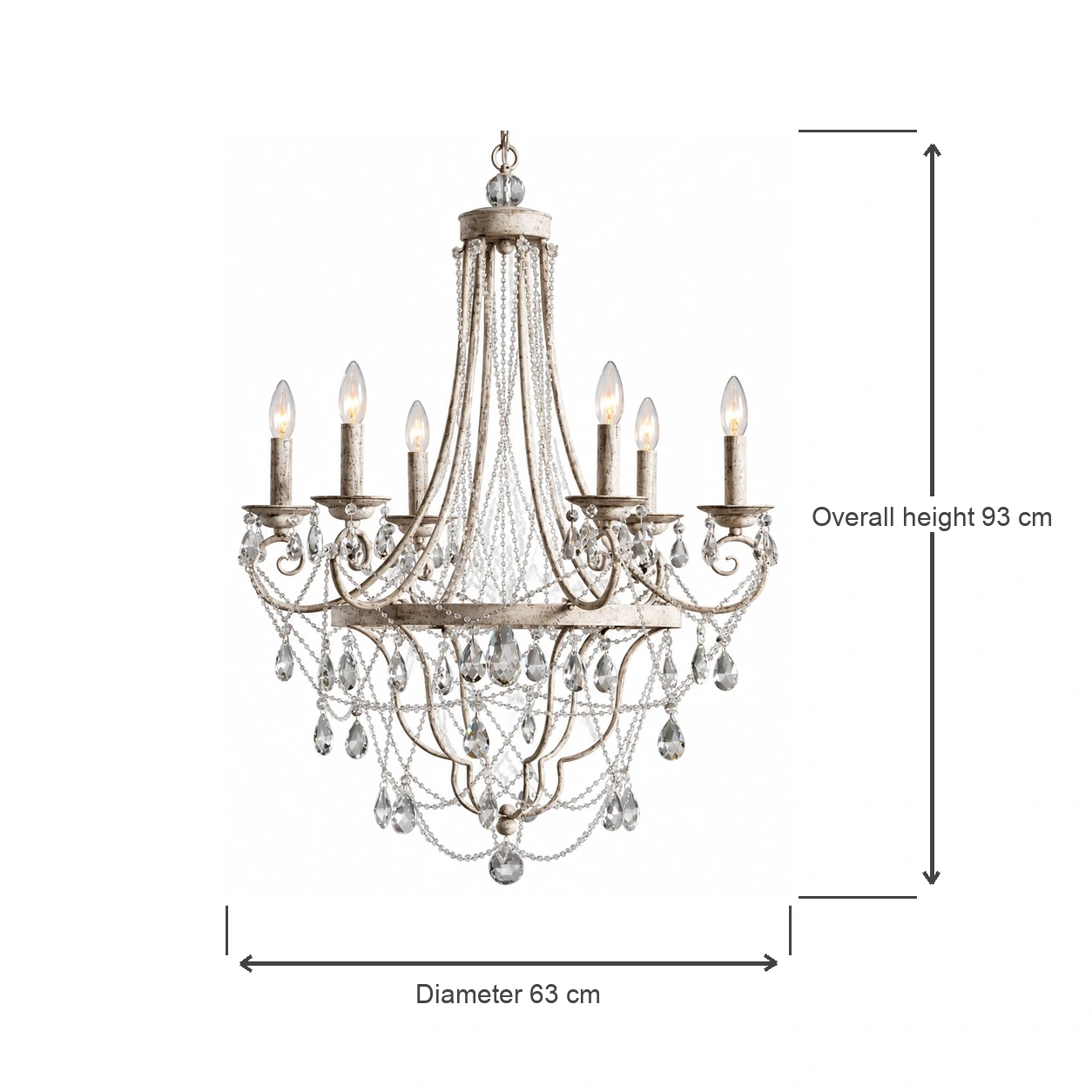 6-light chandelier dimensions: 63 cm diameter and 93 cm overall height
