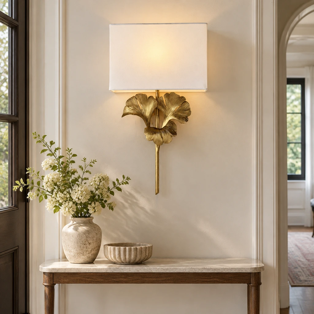 Modern gold ginkgo leaf flush-mount ceiling light installed over an entry console