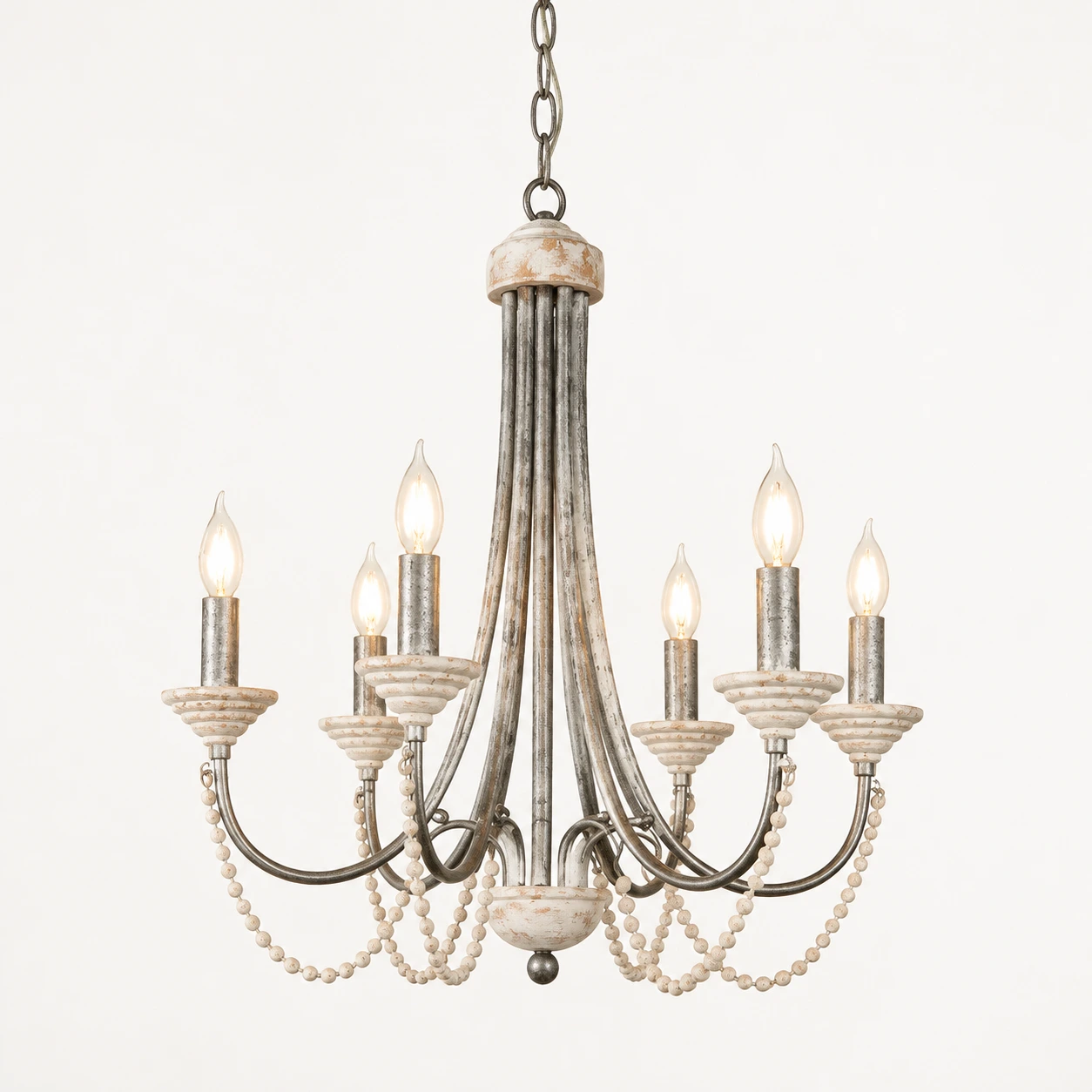 Antique silver six-light wood bead chandelier with irregular arm spacing
