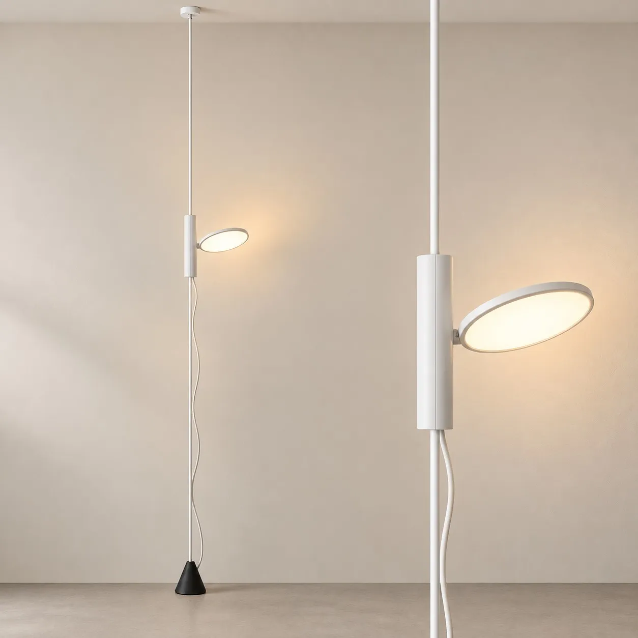 White Dieter floor lamp switched on in a minimal studio