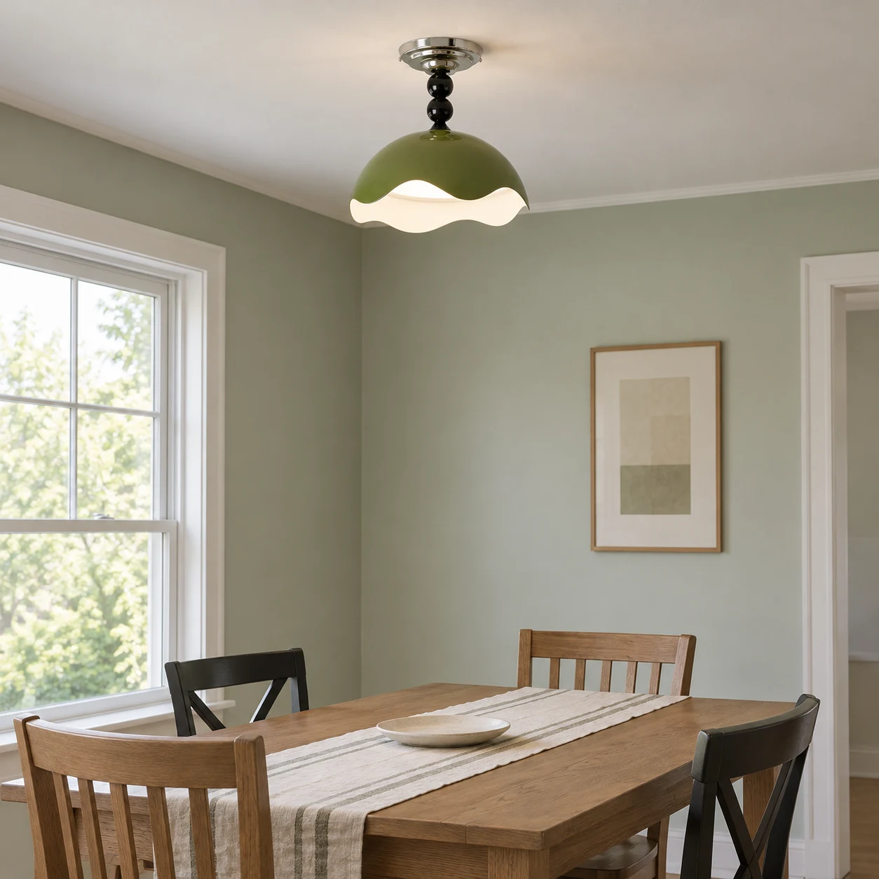 Mira Memphis Scalloped Acrylic and Metal Flush Mount Ceiling Light — scene olive dining