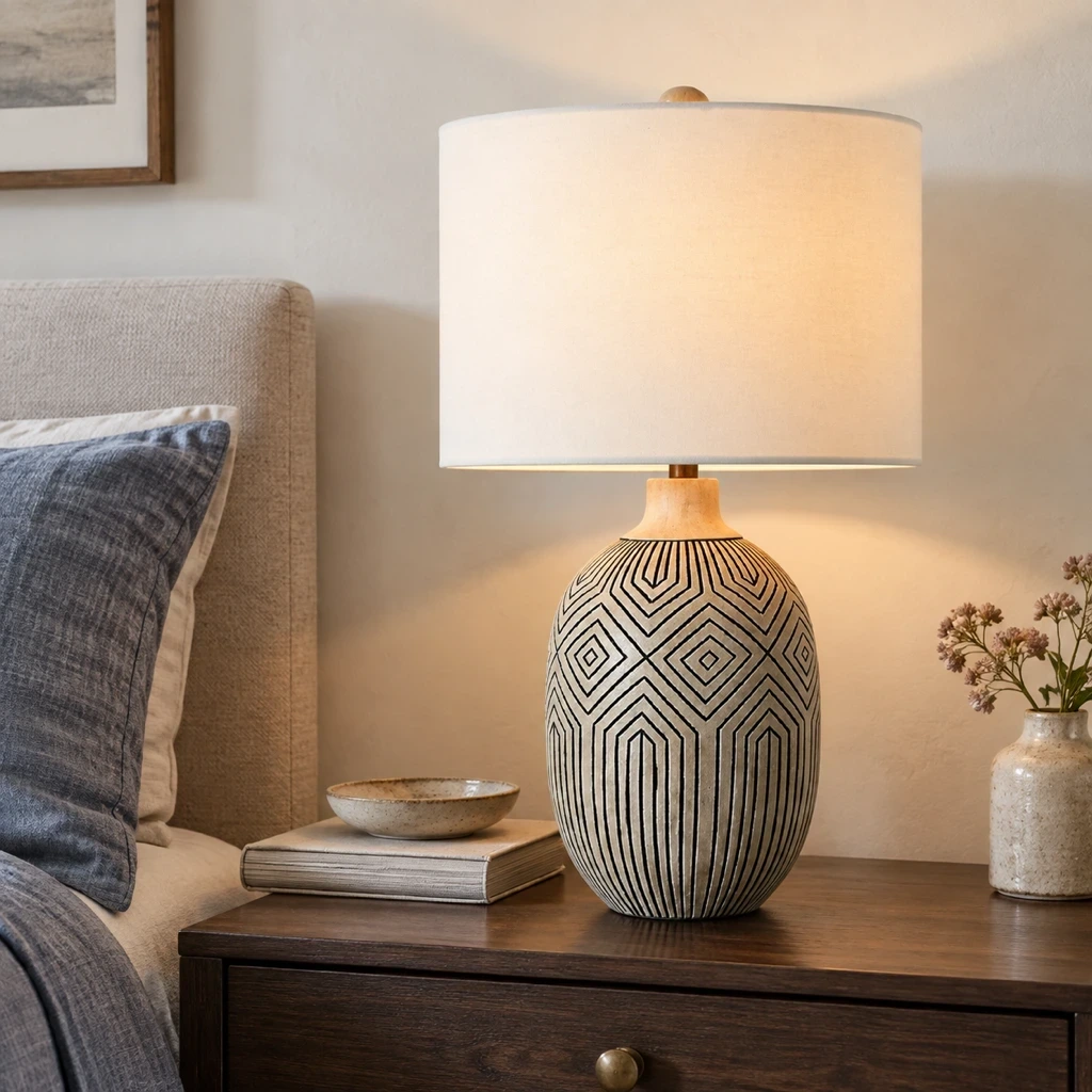 Merritt Bohemian Carved Wood Table Lamp beside a blue-gray bedroom chair