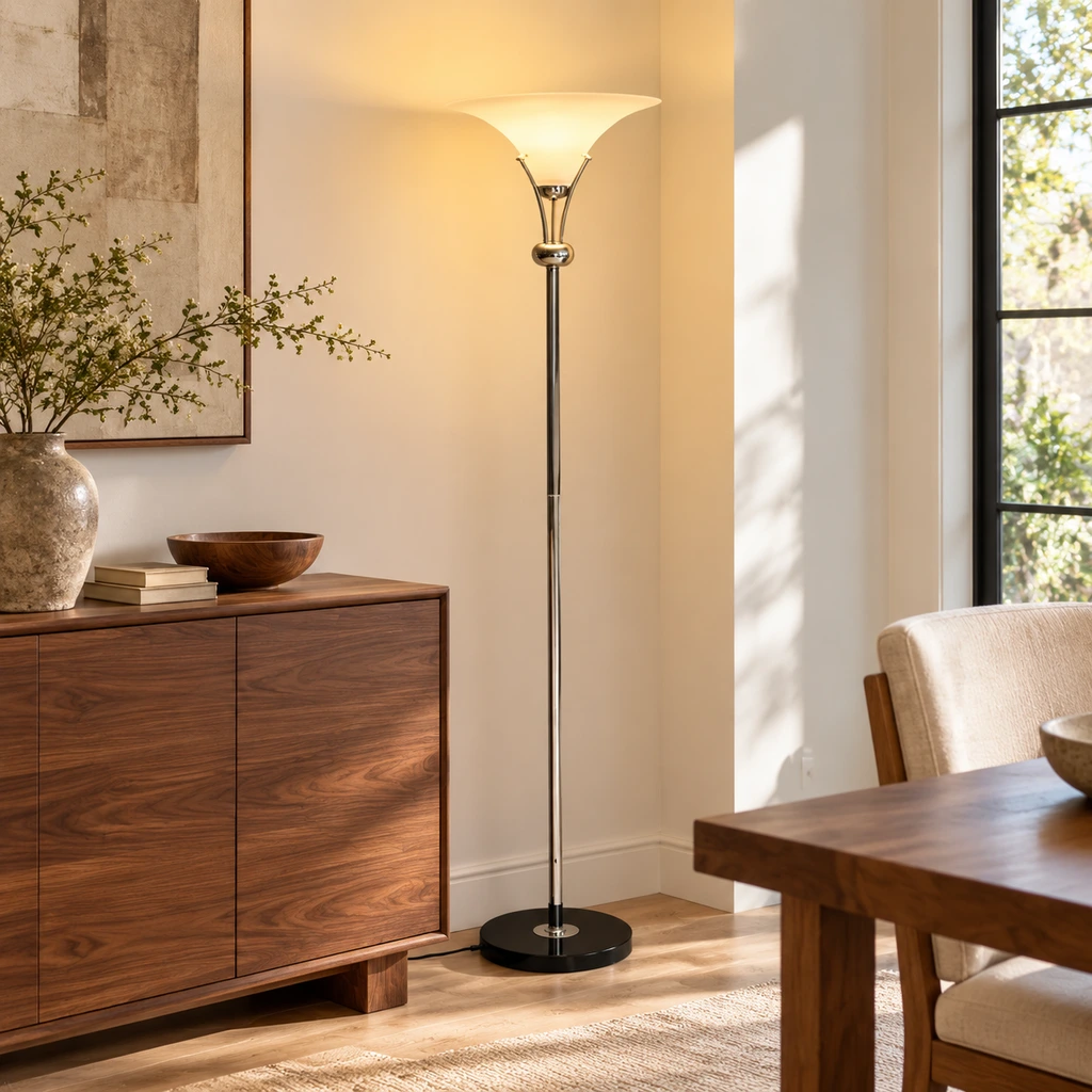 Uplight floor lamp beside a wooden cabinet near a dining area