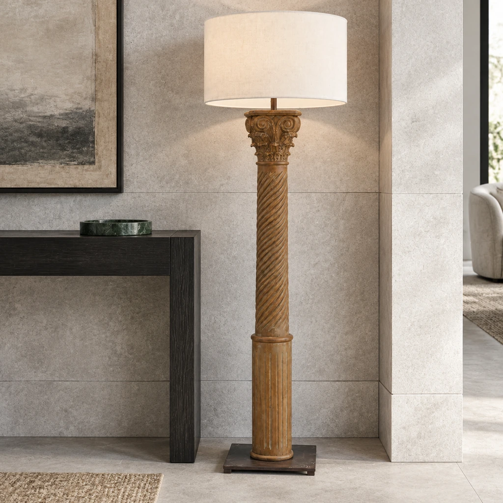 Alden floor lamp beside a narrow blackened-oak entry console