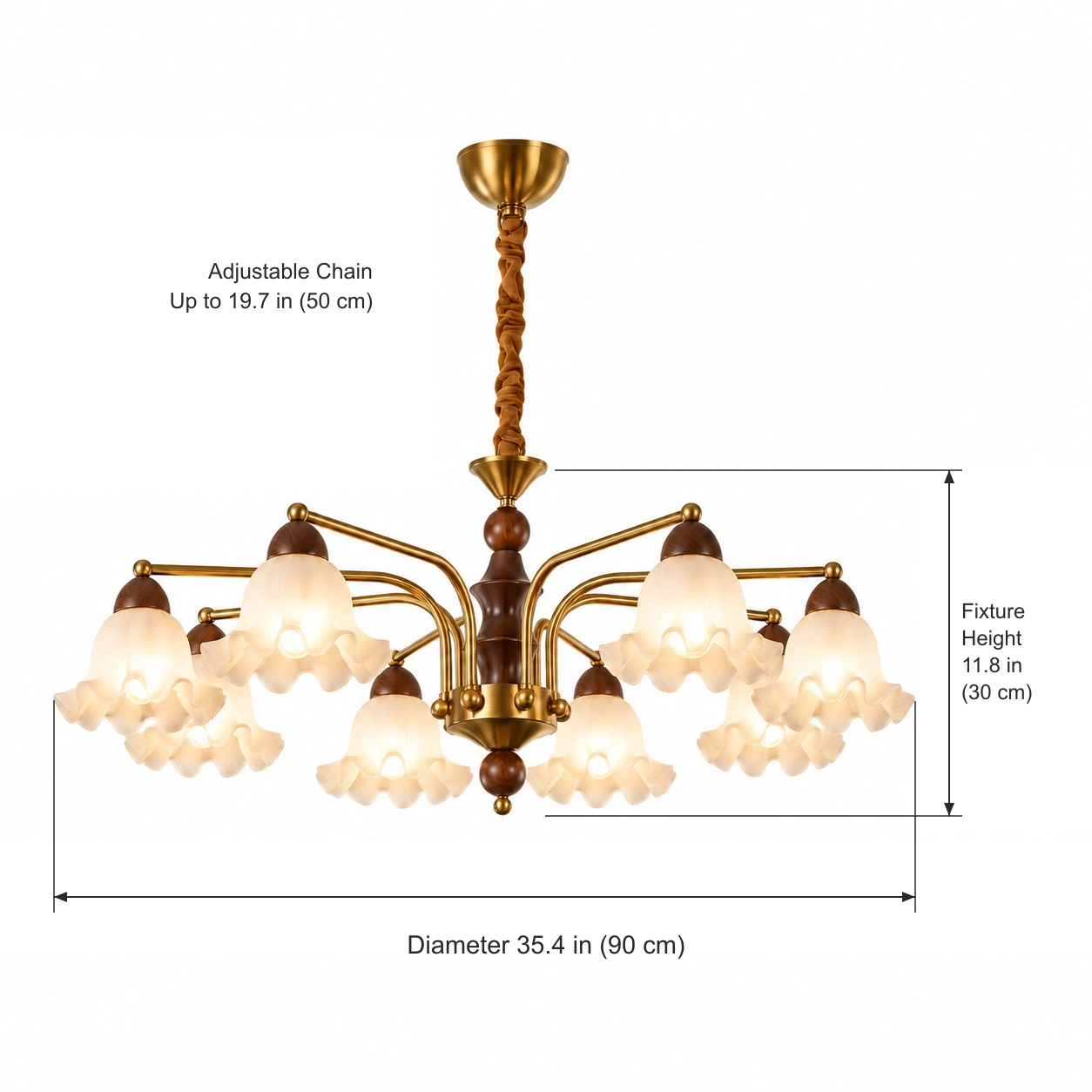 Elara Vintage Branched Walnut Wood Chandelier — 90 cm diameter × 30 cm body height; 12 cm canopy; adjustable chain up to 50 cm