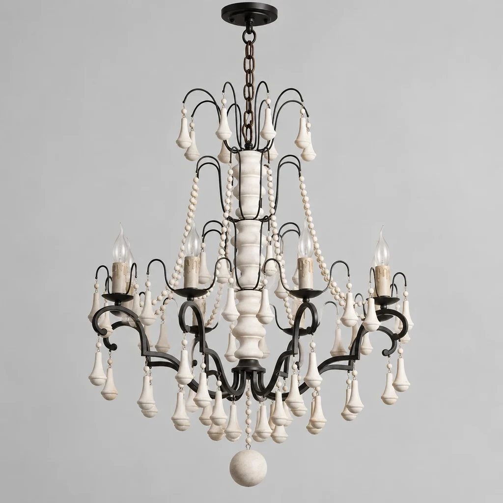 Merritt French Country Beaded Wood Chandelier with Eight Lights switched off in a neutral studio