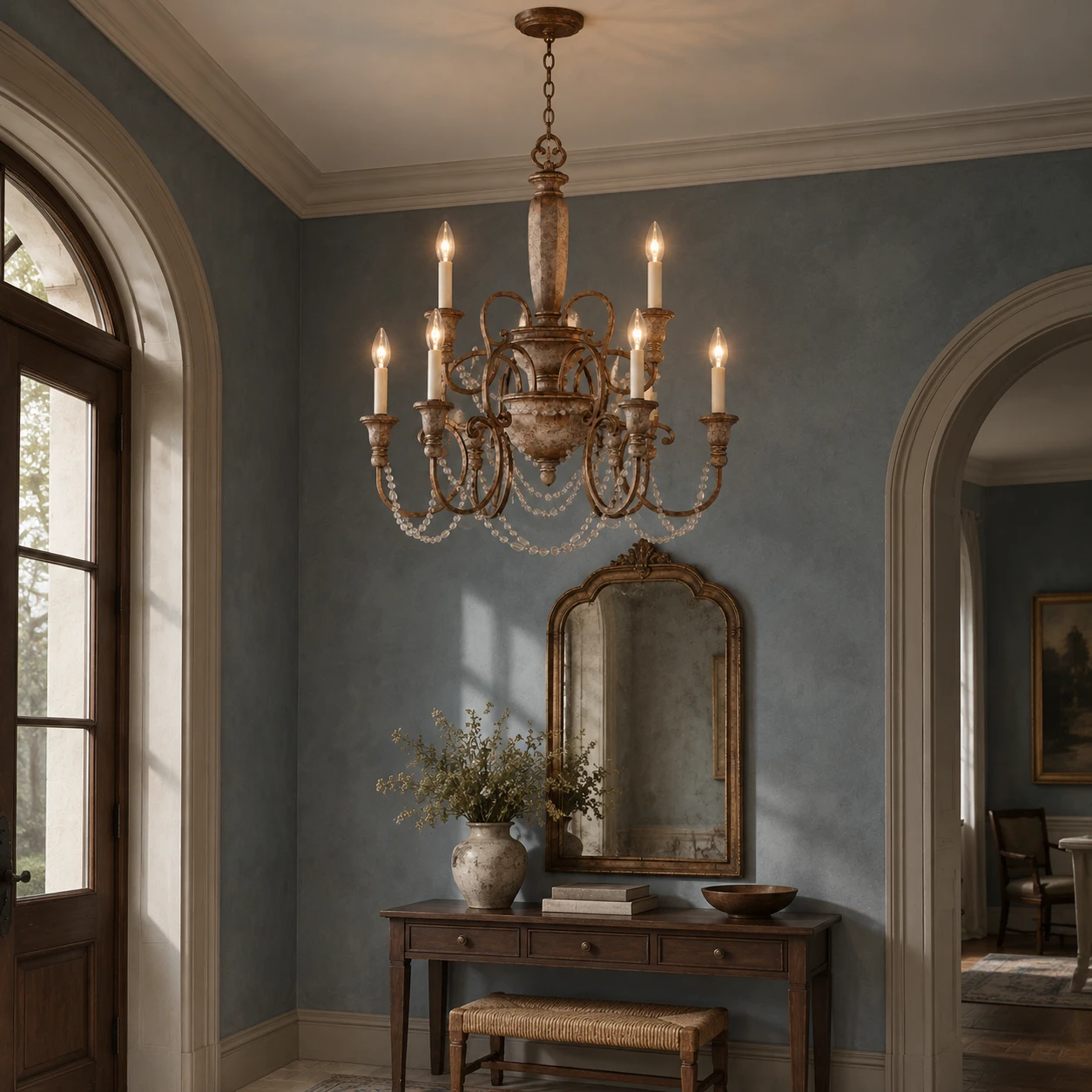 Eight-light double-layer chandelier in a smoke-blue vintage entry salon