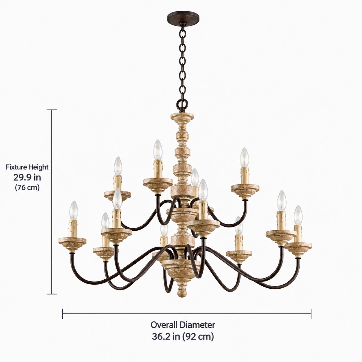 Aurelia French-country wood chandelier dimension drawing, fixture height 76 cm and overall diameter 92 cm
