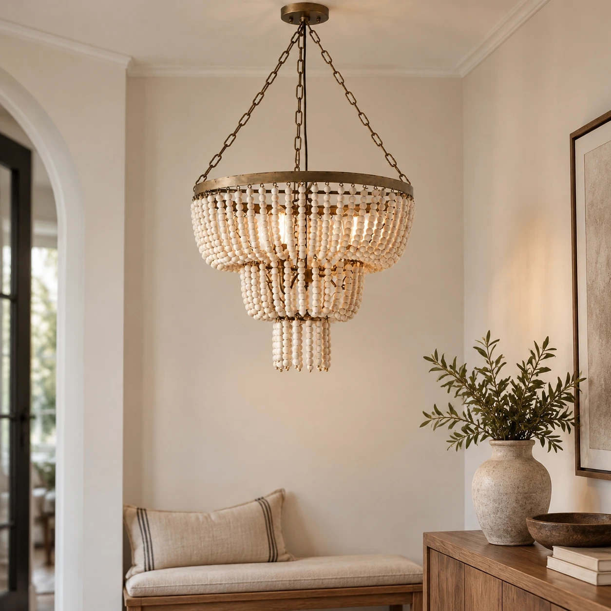 Sofia Vintage Minimal Walnut Wood and Metal Pendant Light above a quiet entry corner