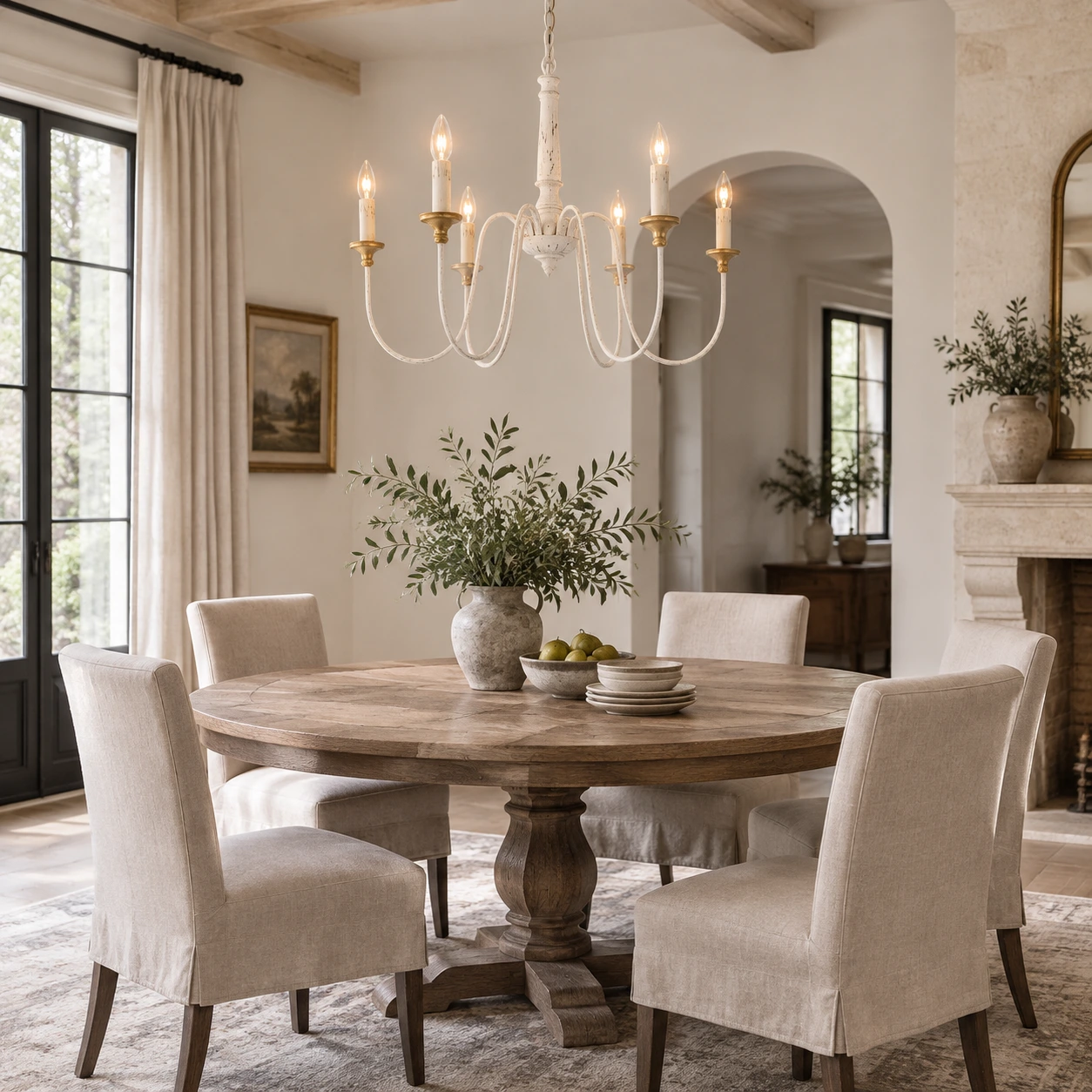 French Country chandelier above a dining table