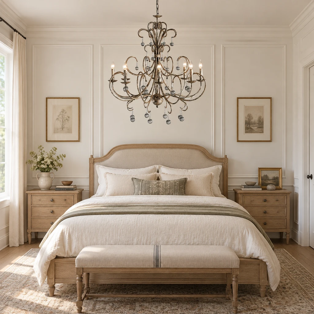 Regent chandelier in a bedroom without bedside lamps