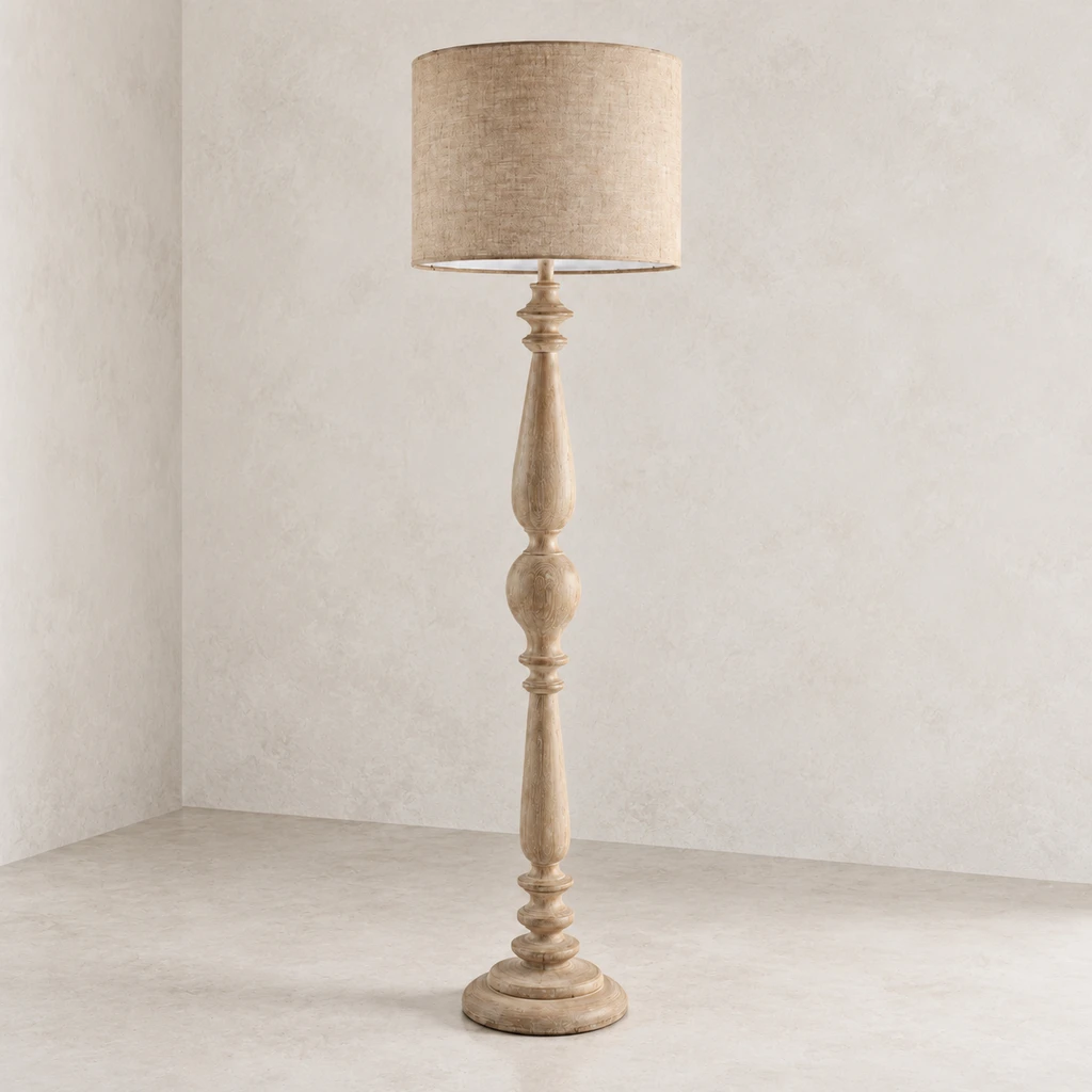 Full form detail of the Hadley turned wood floor lamp