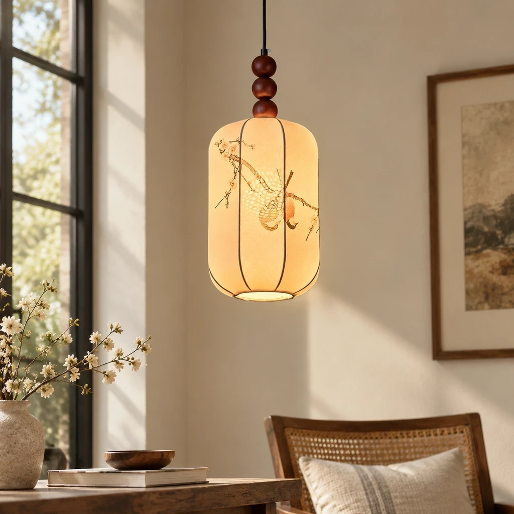 Avery Vintage Single-Light Iron Fabric Pendant Light in a reading setting