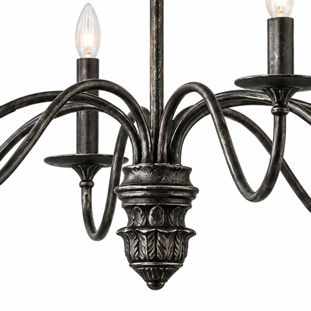 Avery Vintage Carved Wood Chandelier center finial and curved arm detail