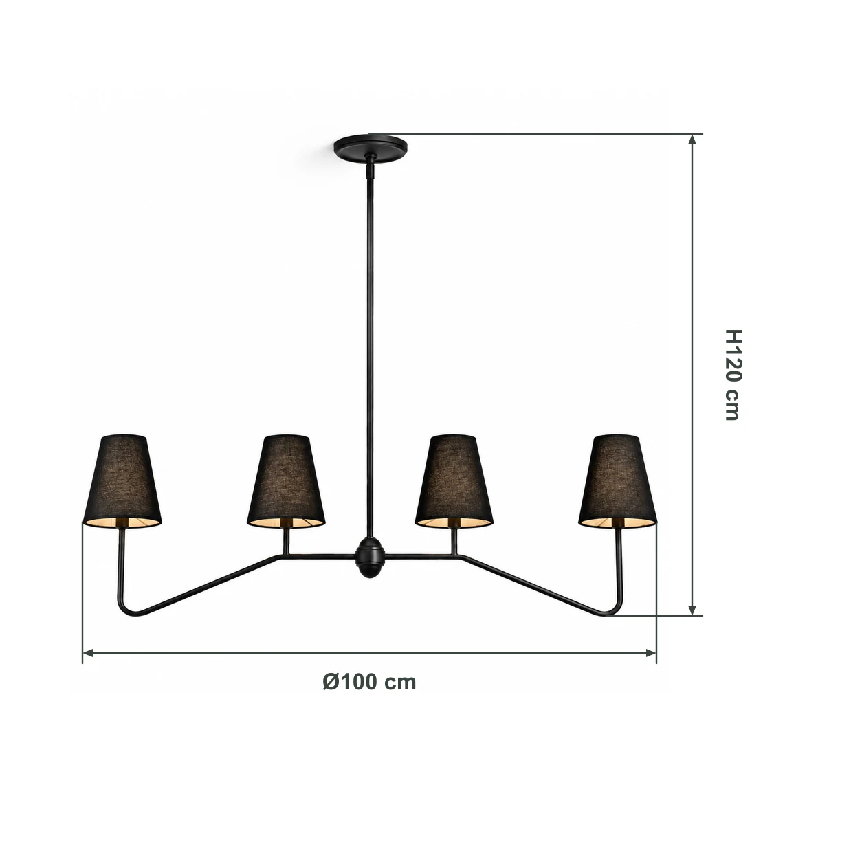 Chandelier dimensions, 100 cm diameter and 120 cm overall height, with lines connected to the product outline