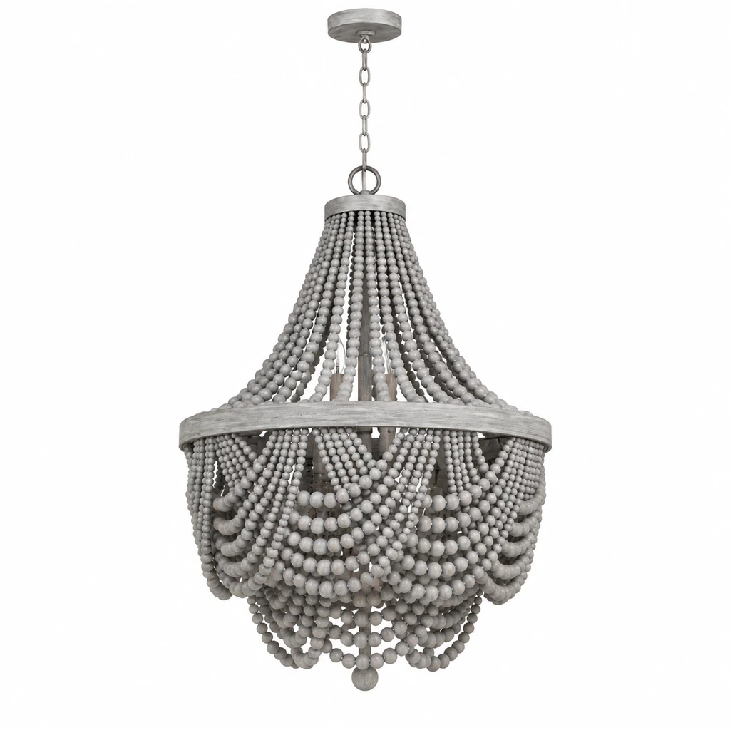 Front view of the Nordic Gray Wood Beaded Chandelier on white background