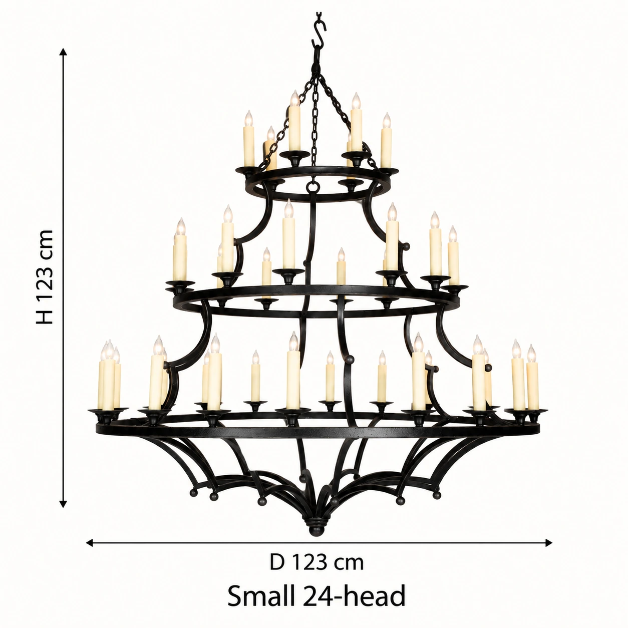 Small 24-head European rustic three-tier chandelier dimensions: H 123 cm and D 123 cm