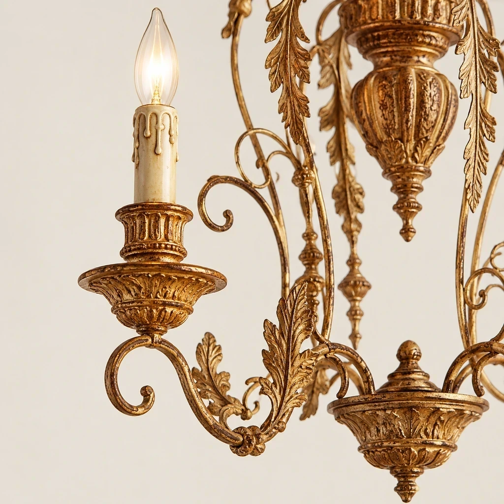 Close detail of an engraved scroll arm and candle-style socket