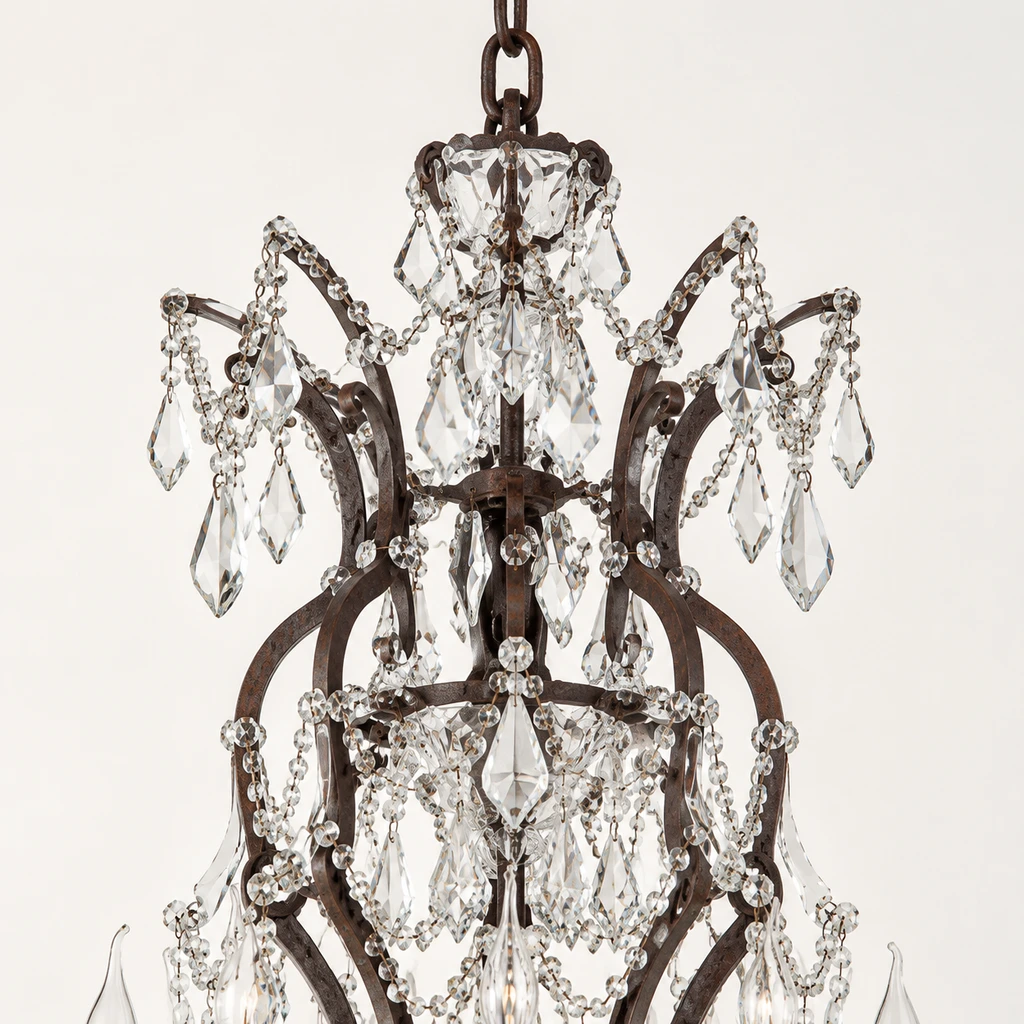 Close detail of the chandelier crown, chain and crystal swags