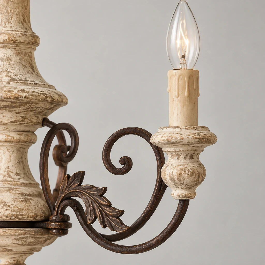 Close detail of the candle-style socket, carved leaf motif, scrolling arm and lower carved finial