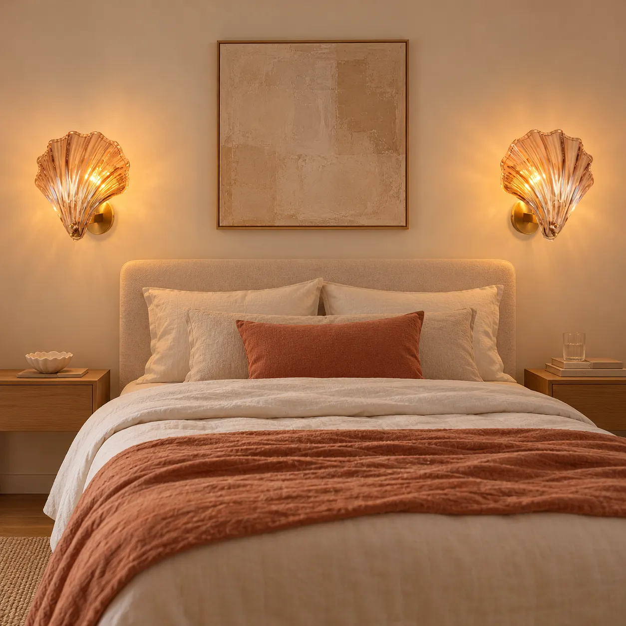 Two Vale shell wall lights beside a bed