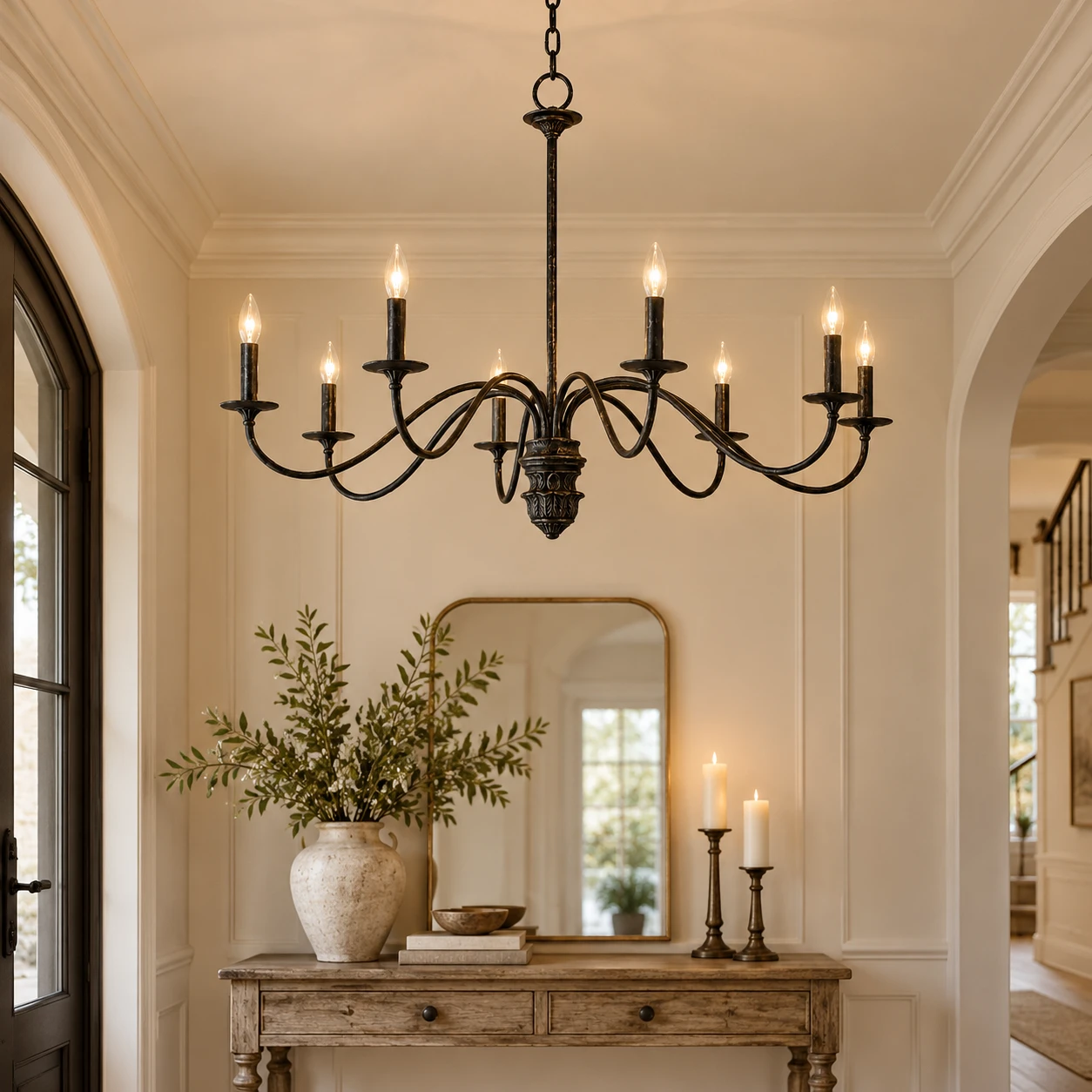 Avery Vintage Carved Wood Chandelier in a residential interior