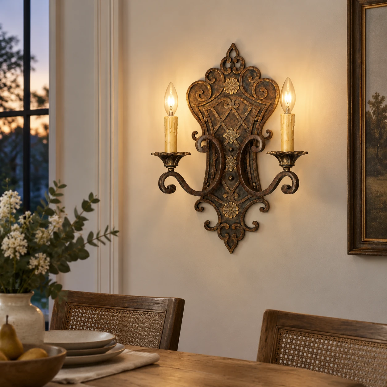 Elena French Decorative Iron Wall Sconce in a residential interior